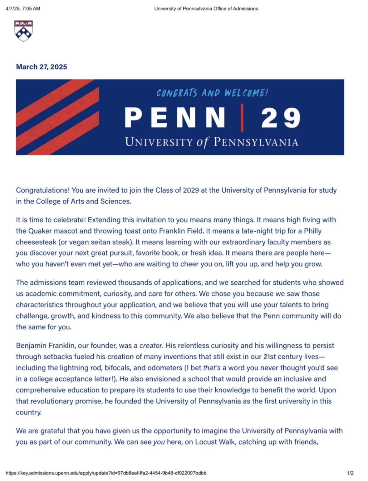 University of Pennsylvania acceptance letter